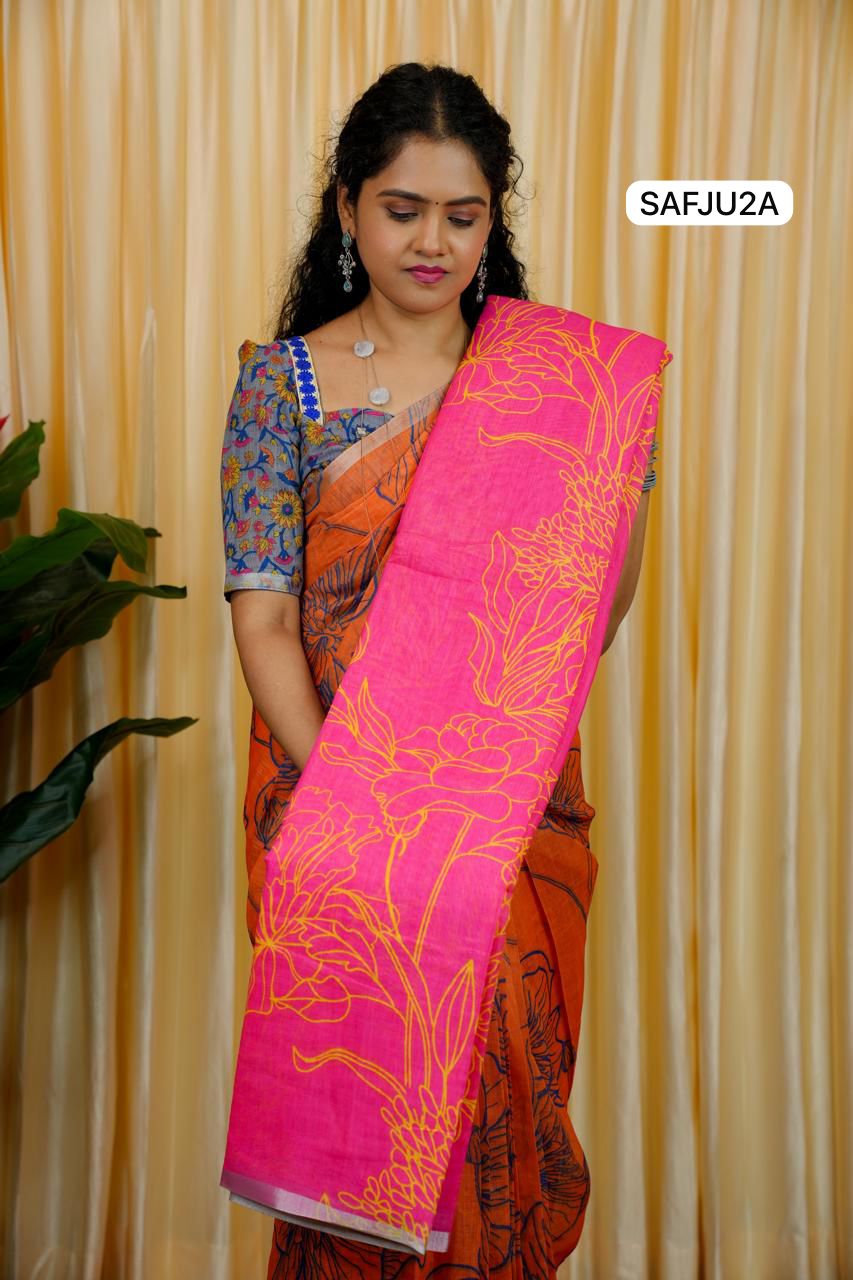 Printed semi cotton peach colour saree with line design. Same blouse as in picture Unstitched🥳