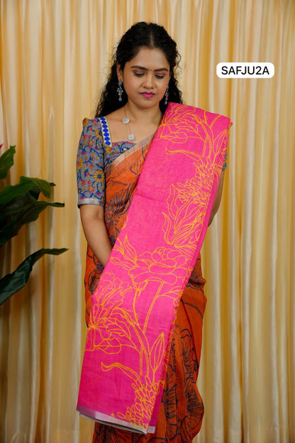 Printed semi cotton peach colour saree with line design. Same blouse as in picture Unstitched🥳
