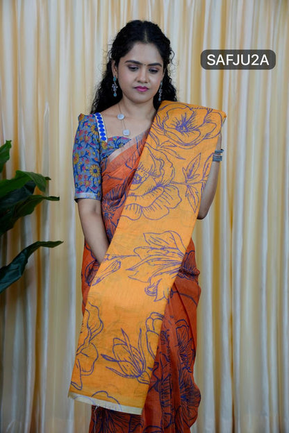 Printed semi cotton peach colour saree with line design. Same blouse as in picture Unstitched🥳🌈