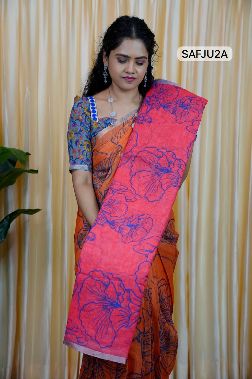 Printed semi cotton peach colour saree with line design. Same blouse as in picture Unstitched🥳
