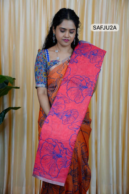 Printed semi cotton peach colour saree with line design. Same blouse as in picture Unstitched🥳