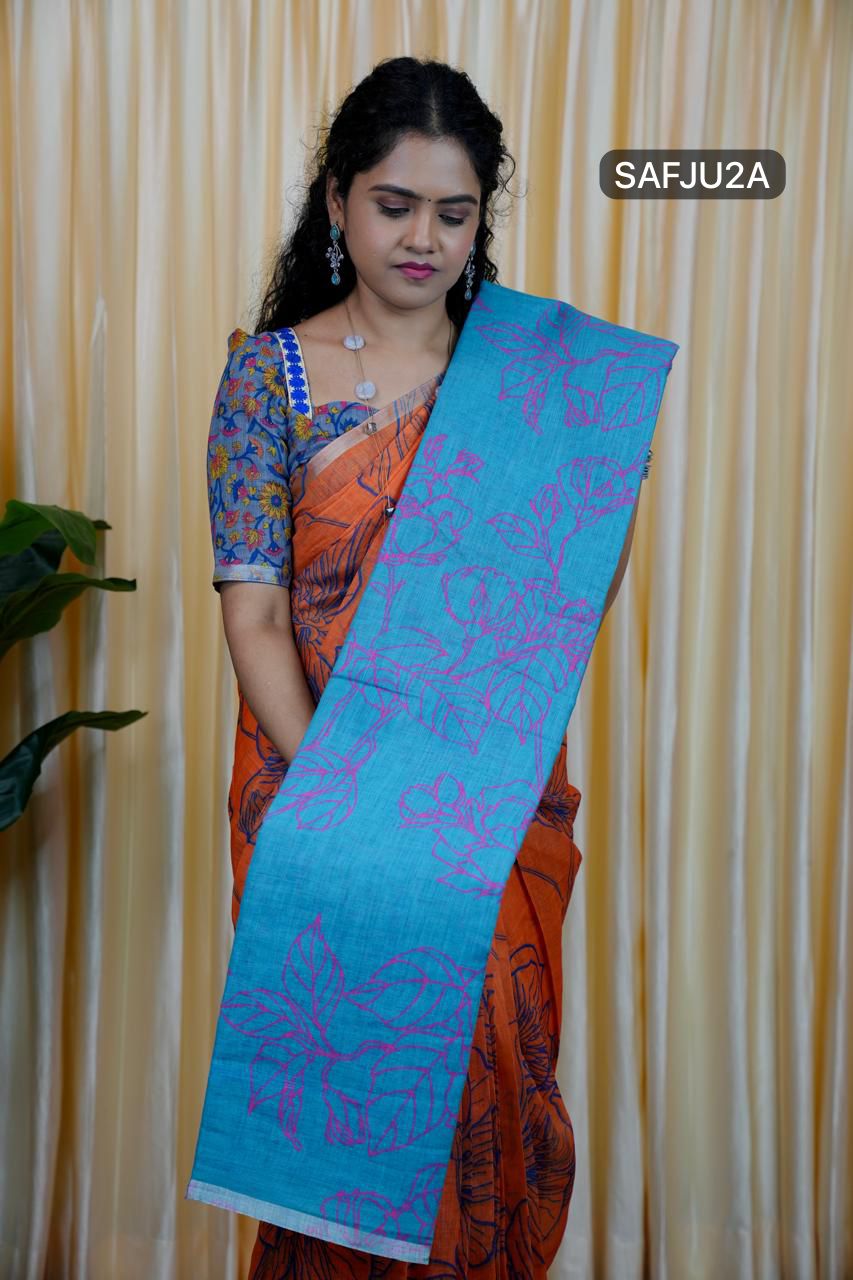 Printed semi cotton peach colour saree with line design. Same blouse as in picture Unstitched🥳