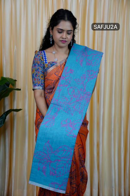 Printed semi cotton peach colour saree with line design. Same blouse as in picture Unstitched🥳