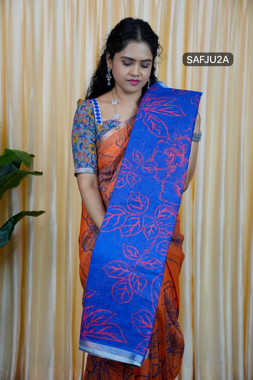Printed semi cotton peach colour saree with line design. Same blouse as in picture Unstitched🥳