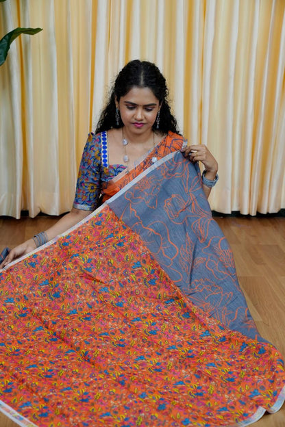 Printed semi cotton peach colour saree with line design. Same blouse as in picture Unstitched🥳