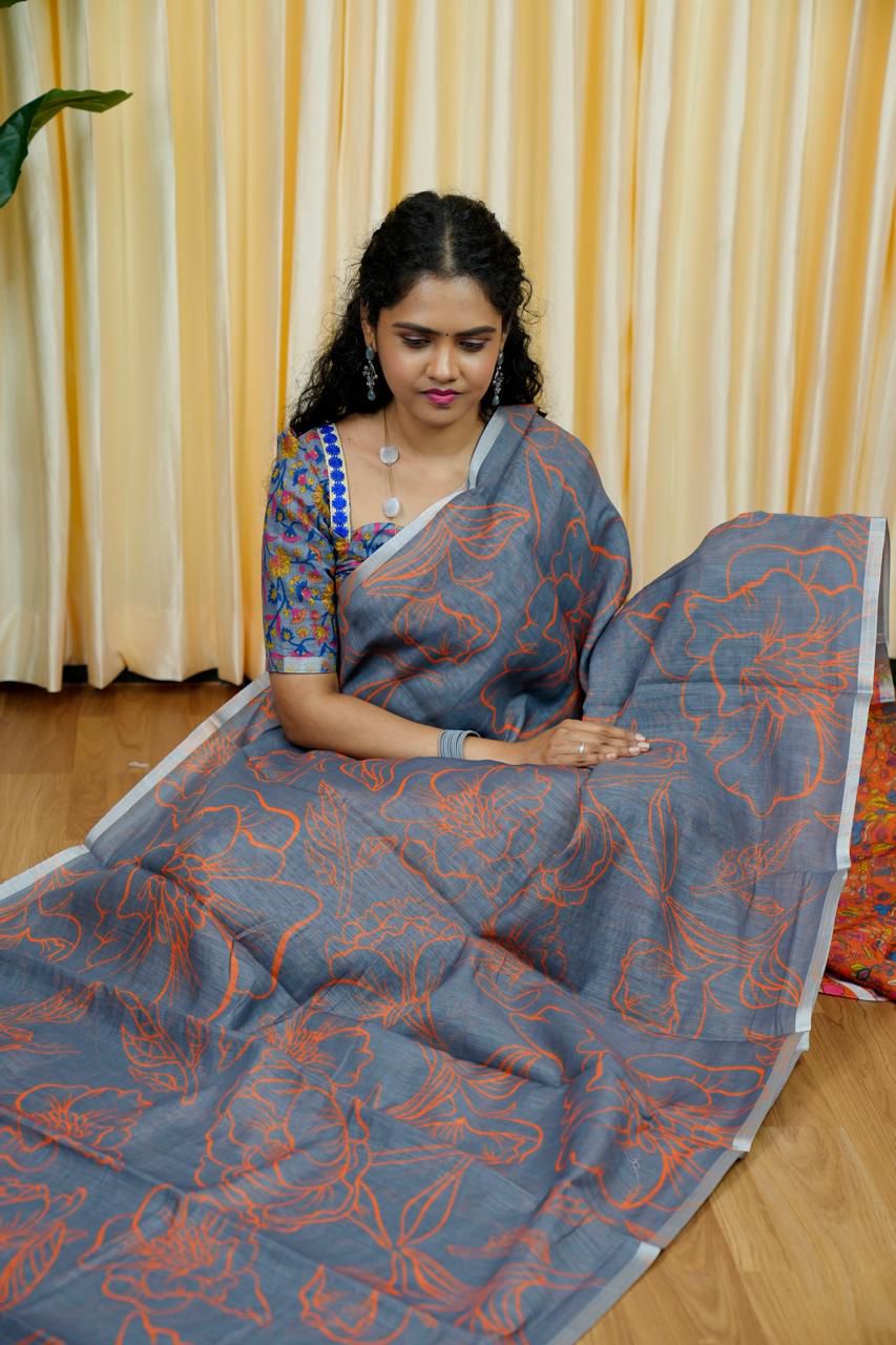 Printed semi cotton peach colour saree with line design. Same blouse as in picture Unstitched🥳