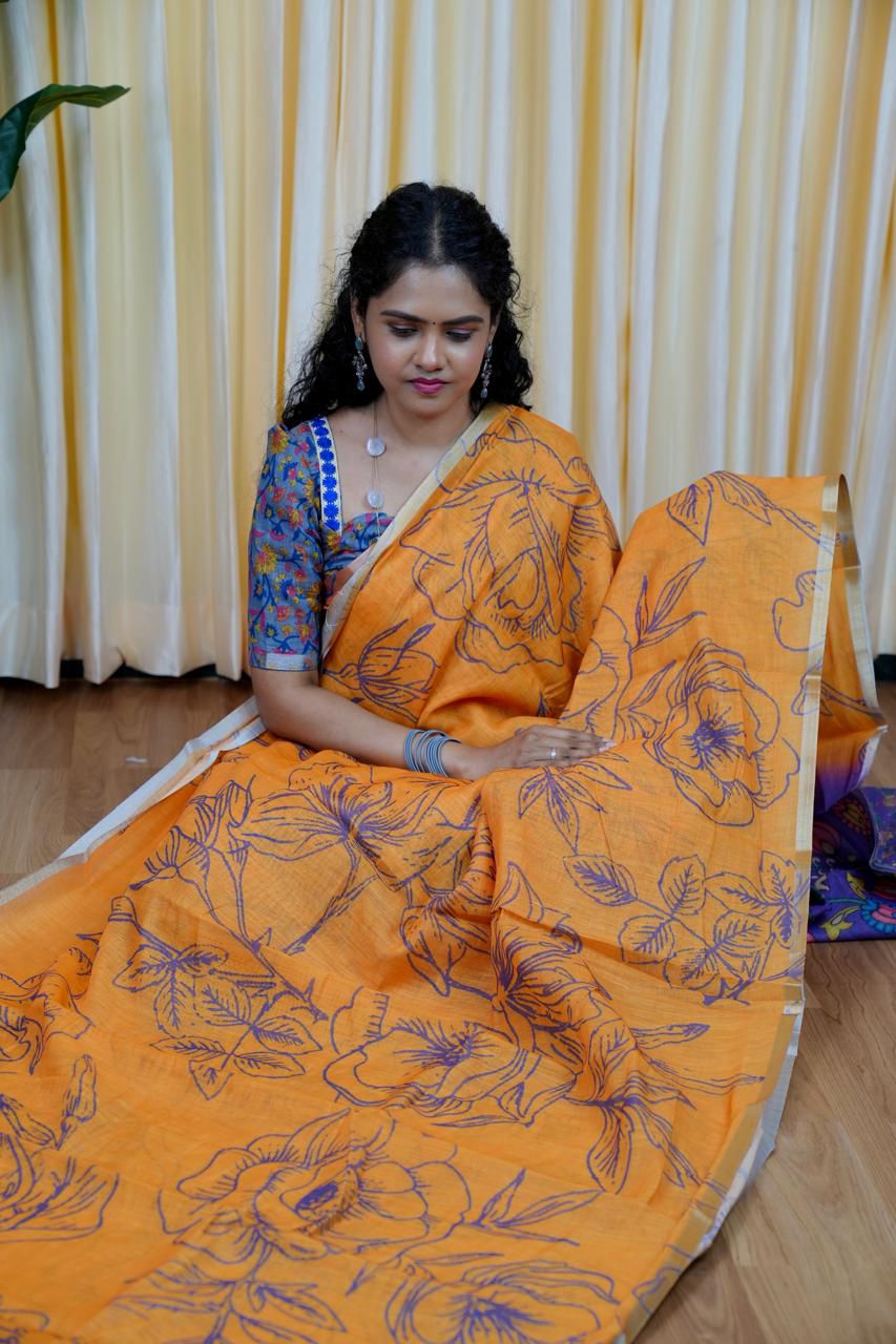 Printed semi cotton peach colour saree with line design. Same blouse as in picture Unstitched🥳🌈
