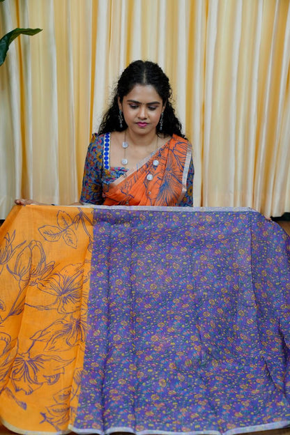 Printed semi cotton peach colour saree with line design. Same blouse as in picture Unstitched🥳🌈