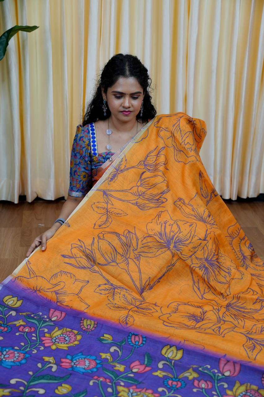 Printed semi cotton peach colour saree with line design. Same blouse as in picture Unstitched🥳🌈