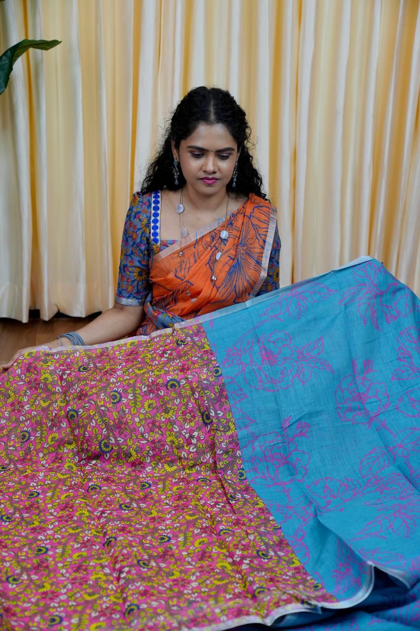 Printed semi cotton peach colour saree with line design. Same blouse as in picture Unstitched🥳