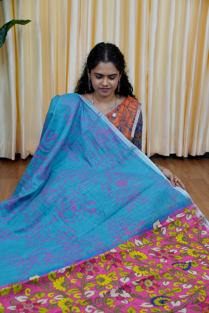 Printed semi cotton peach colour saree with line design. Same blouse as in picture Unstitched🥳