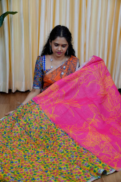 Printed semi cotton peach colour saree with line design. Same blouse as in picture Unstitched🥳