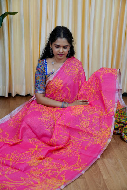 Printed semi cotton peach colour saree with line design. Same blouse as in picture Unstitched🥳