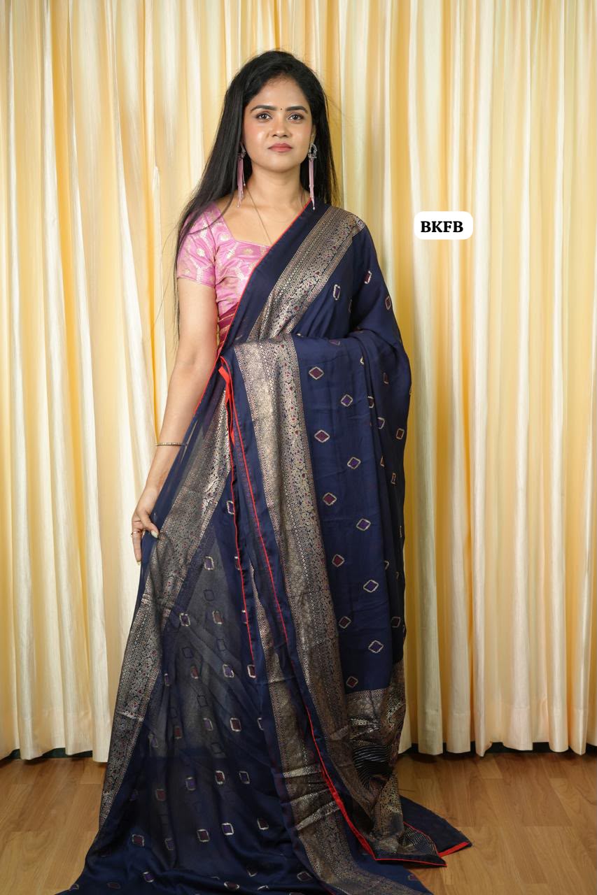 Moss chiffon foil print saree with piping border .blue colour 🥰🥳