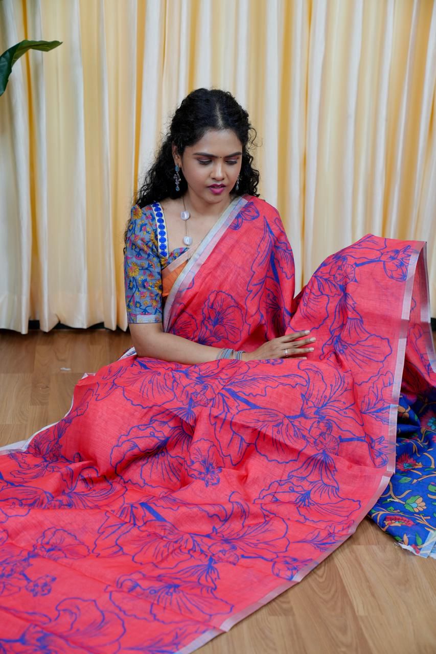 Printed semi cotton peach colour saree with line design. Same blouse as in picture Unstitched🥳