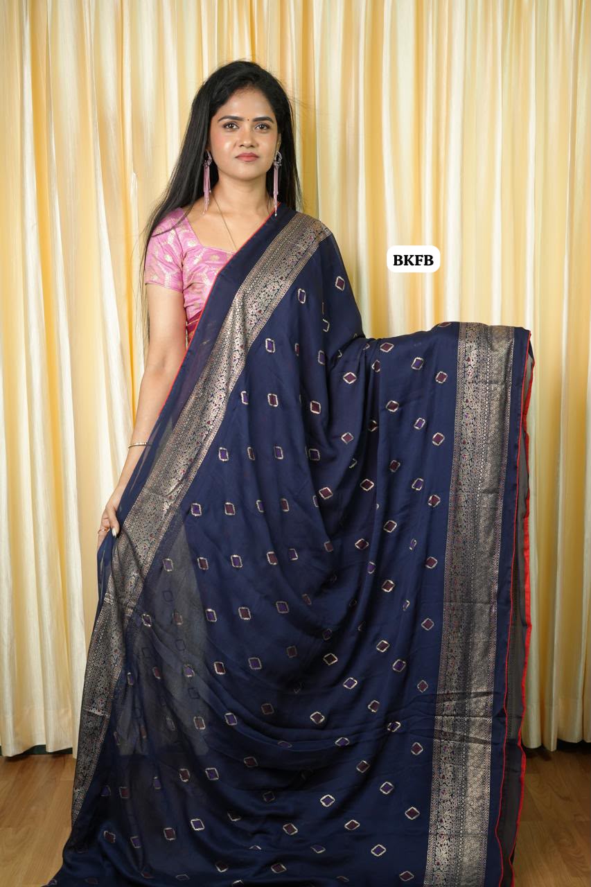 Moss chiffon foil print saree with piping border .blue colour 🥰🥳