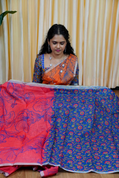 Printed semi cotton peach colour saree with line design. Same blouse as in picture Unstitched🥳