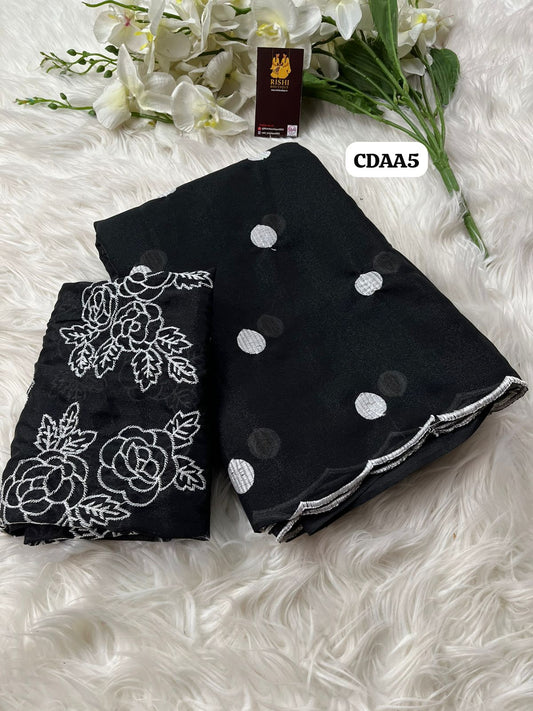 Georgette embroidery thread work saree with scalloped cutwok border 🥳