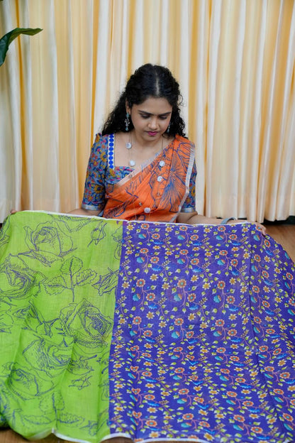 Printed semi cotton peach colour saree with line design. Same blouse as in picture Unstitched🥳