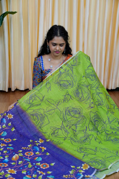 Printed semi cotton peach colour saree with line design. Same blouse as in picture Unstitched🥳