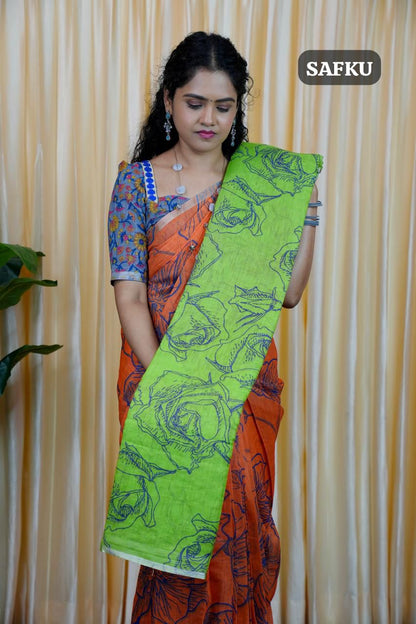 Printed semi cotton peach colour saree with line design. Same blouse as in picture Unstitched🥳
