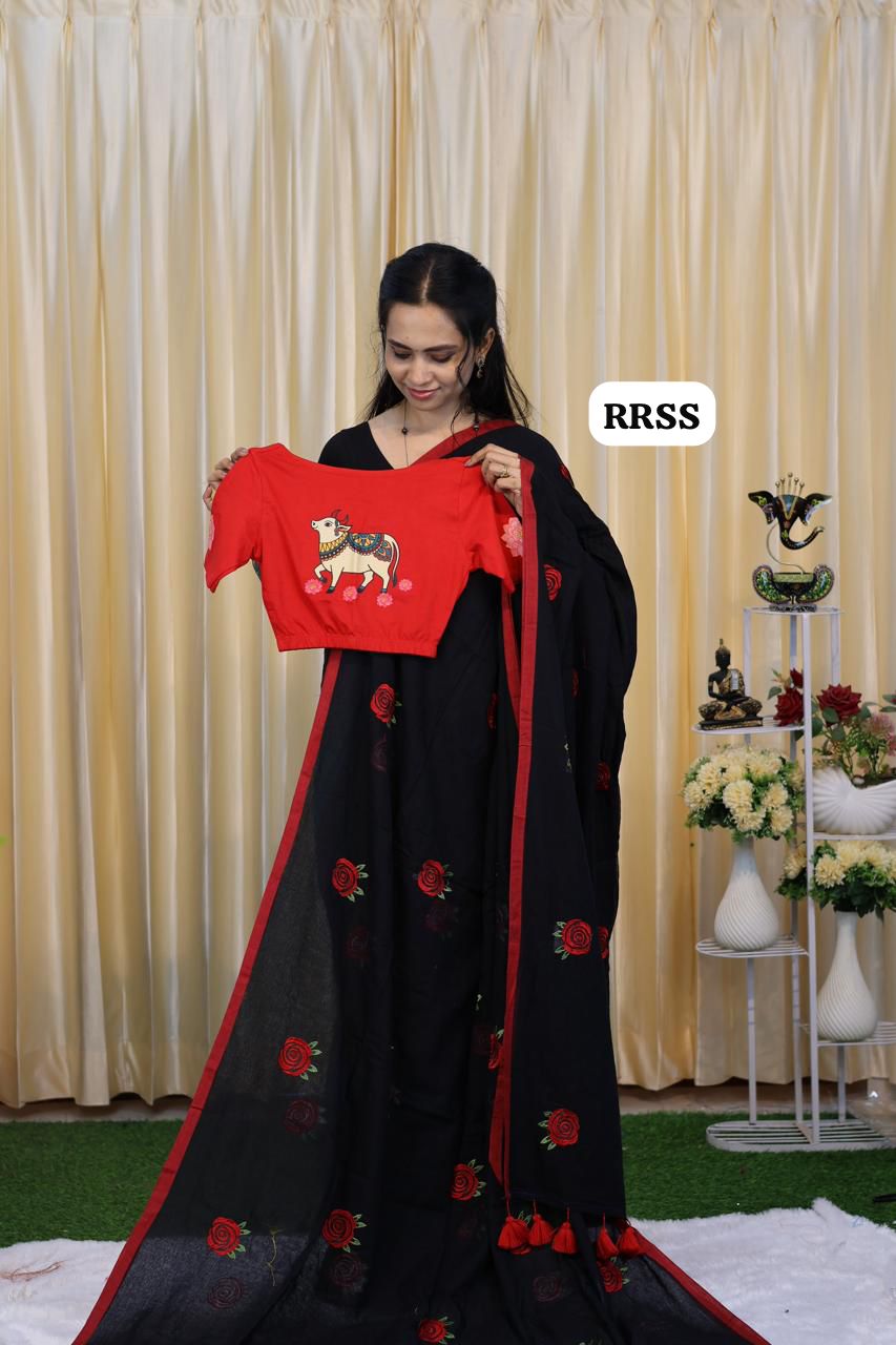 Mul cotton saree with elastic blouse 🎁 blouse size M