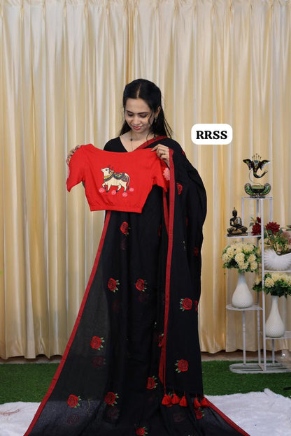 Mul cotton saree with elastic blouse 🎁 blouse size M