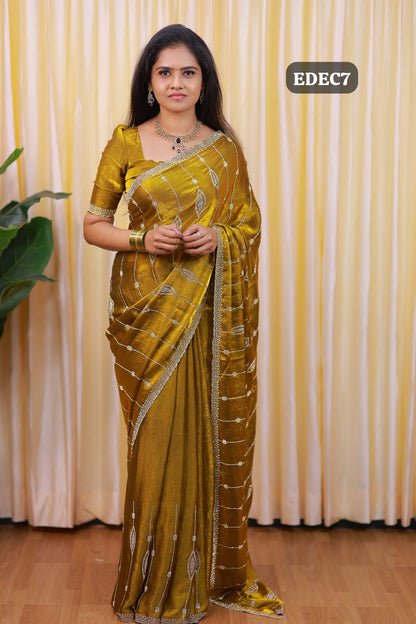 Premium space silk saree with real stone work . Perfect for reception function🥳