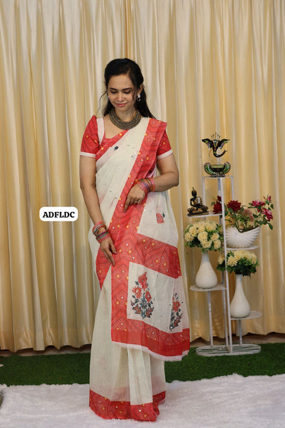 Linen cotton saree with floral designs mirror work and thread embroidery work  Colourful blouse🎁(unstitched blouse )