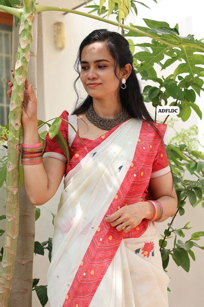Linen cotton saree with floral designs mirror work and thread embroidery work  Colourful blouse🎁(unstitched blouse )