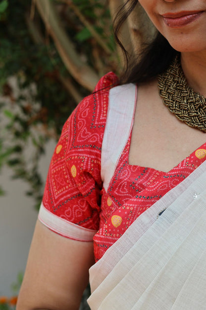 Linen cotton saree with floral designs mirror work and thread embroidery work  Colourful blouse🎁(unstitched blouse )
