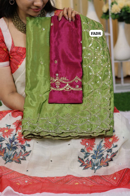 Soft Chinnon with gold zari embroidery & sequence work with scalloped cutwork border🥳
