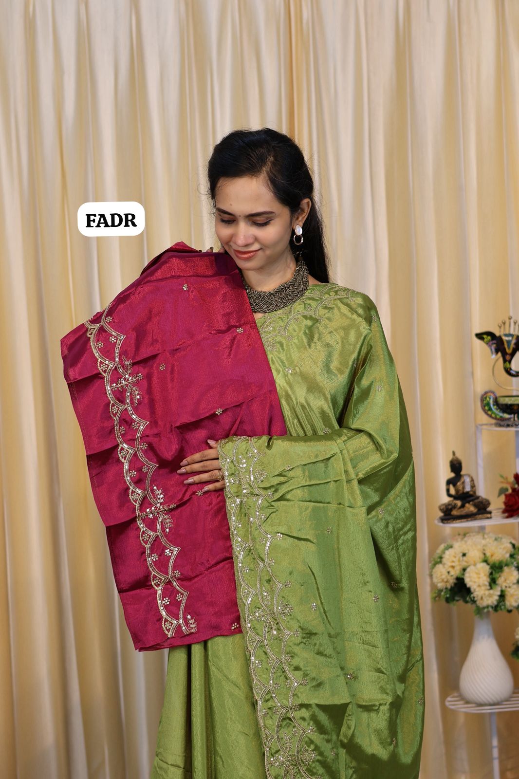 Soft Chinnon with gold zari embroidery & sequence work with scalloped cutwork border🥳