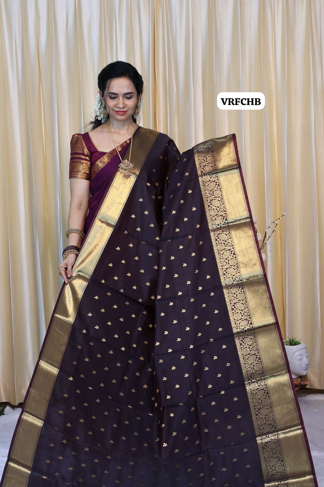 Semi soft silk saree with thousand buttas. Dark chocolate brown color🥳