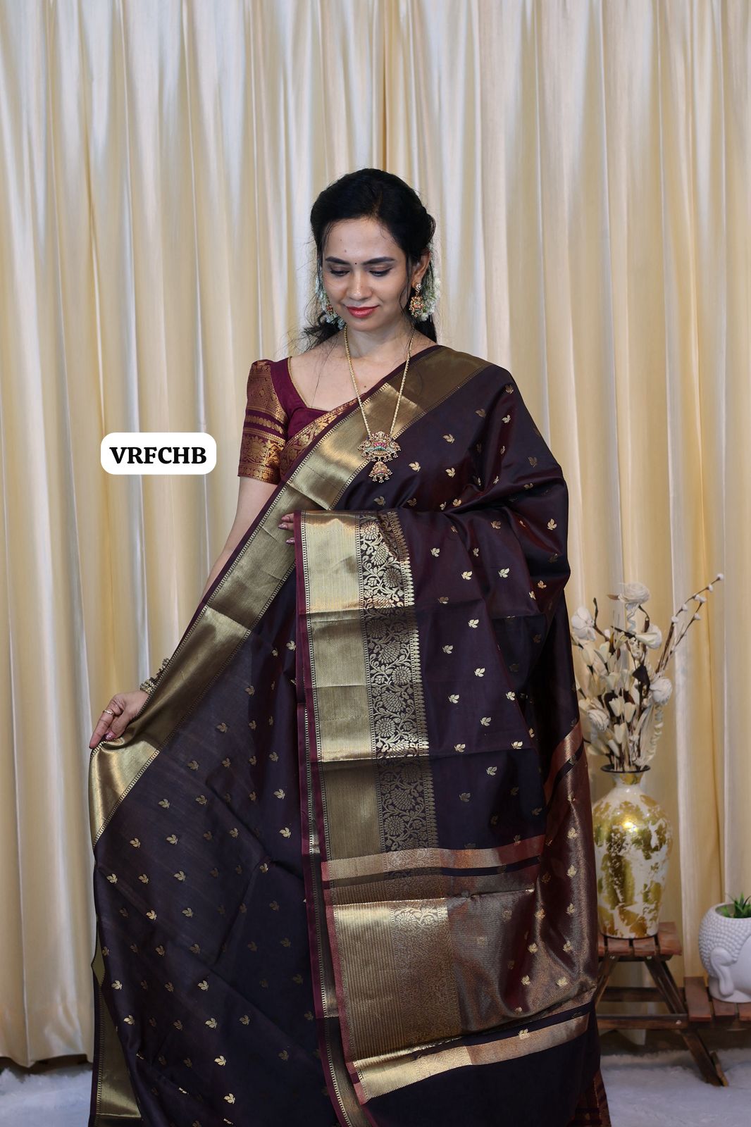 Semi soft silk saree with thousand buttas. Dark chocolate brown color🥳