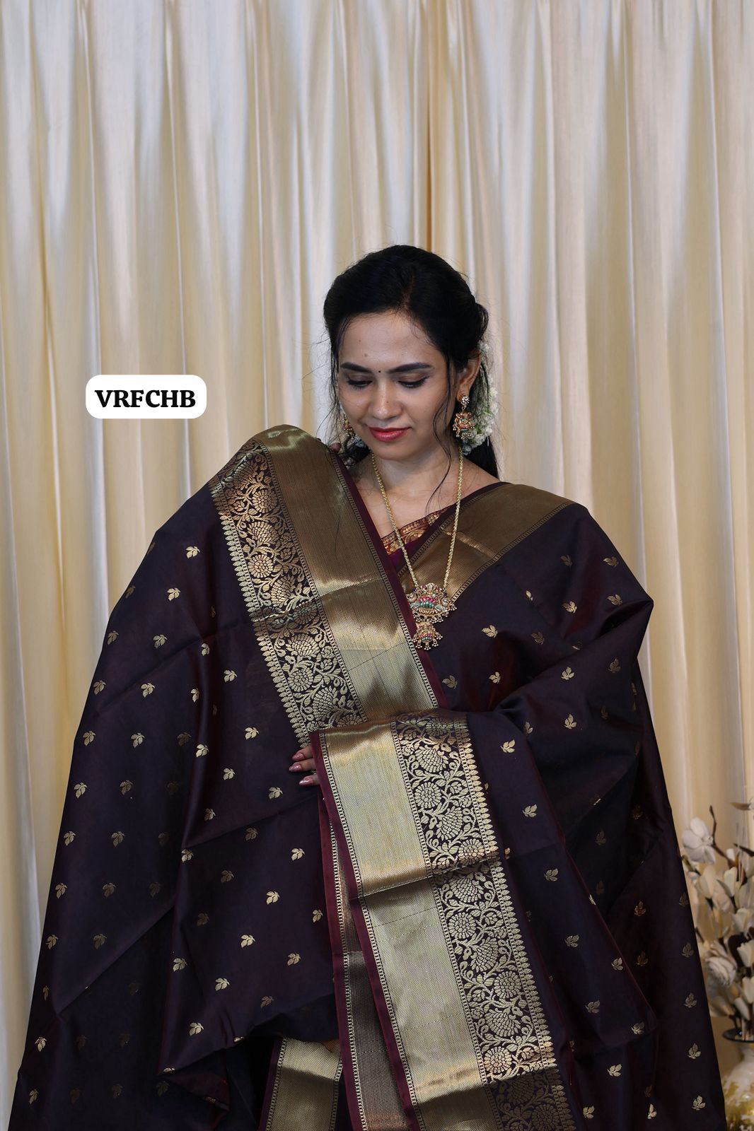 Semi soft silk saree with thousand buttas. Dark chocolate brown color🥳