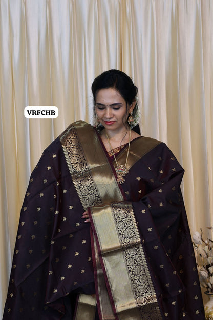 Semi soft silk saree with thousand buttas. Dark chocolate brown color🥳