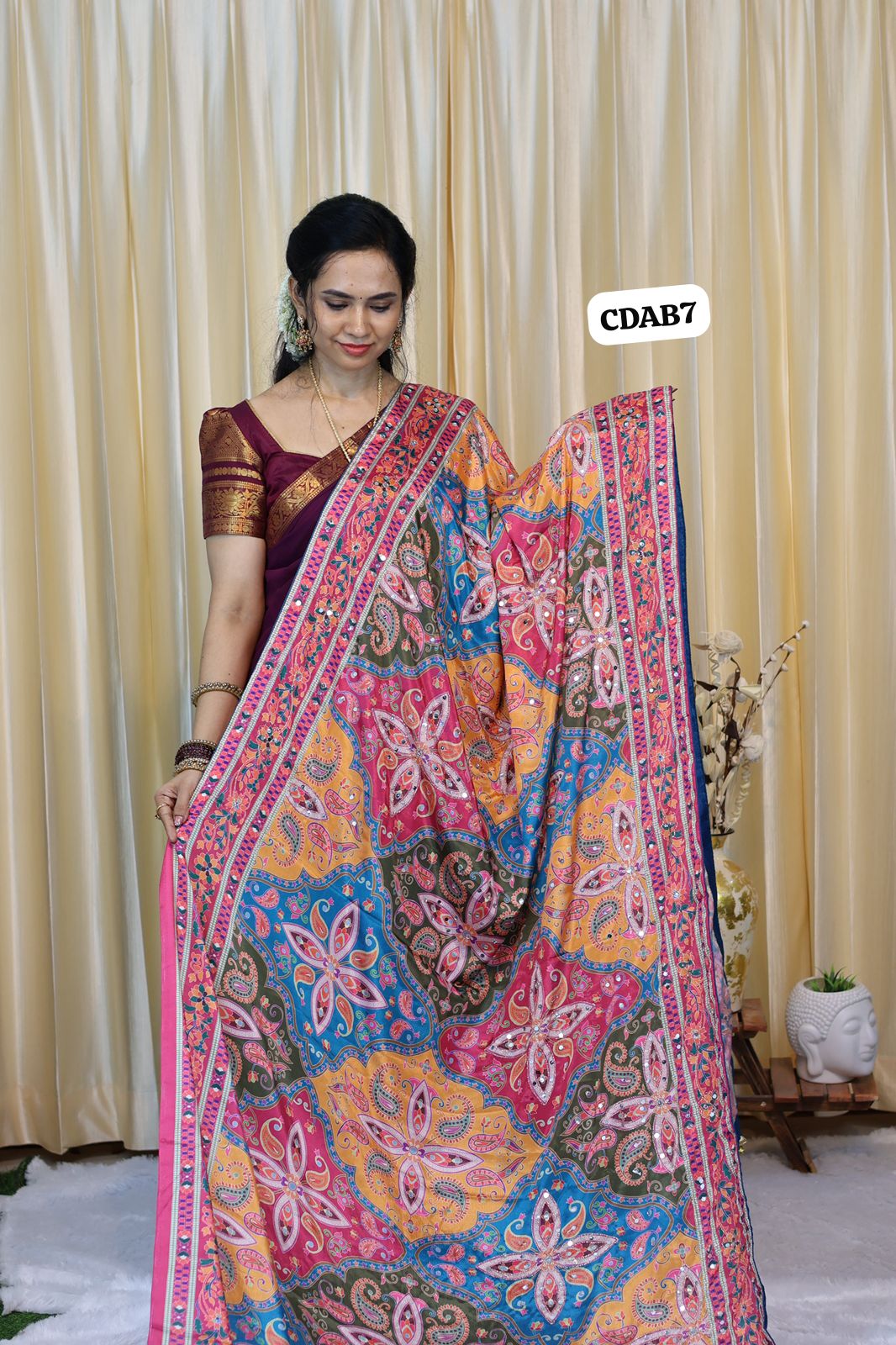 Chinon silk with aari work n real mirror work😍🥳