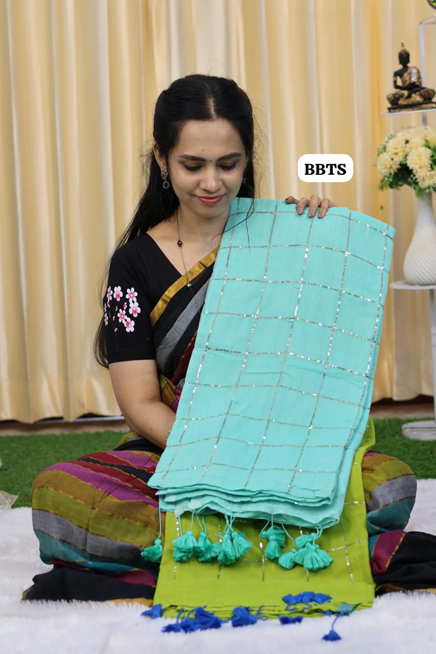 Mul cotton saree with jumki work with checks 🎁