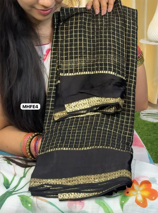 Viscose georgette saree with Zari checks and satin border 🥳