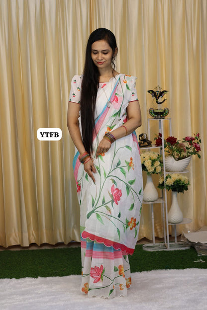 Mirror work Soft linen cotton saree with scallop border🥳