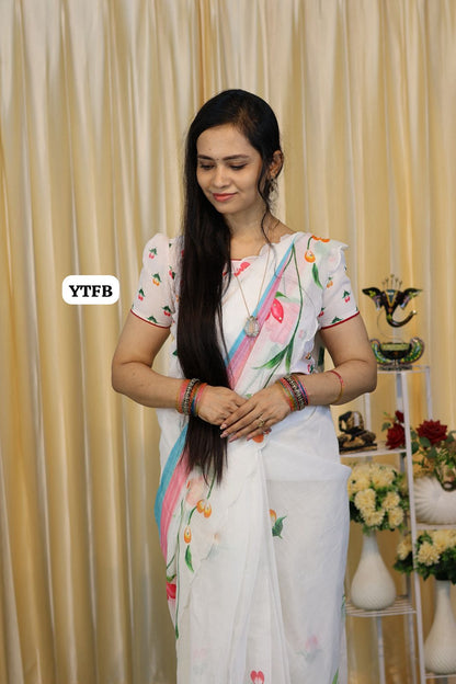 Mirror work Soft linen cotton saree with scallop border🥳