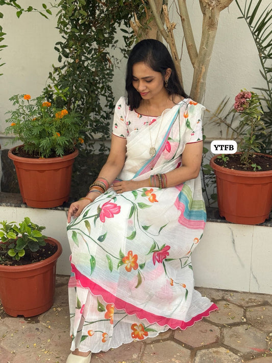 Mirror work Soft linen cotton saree with scallop border🥳