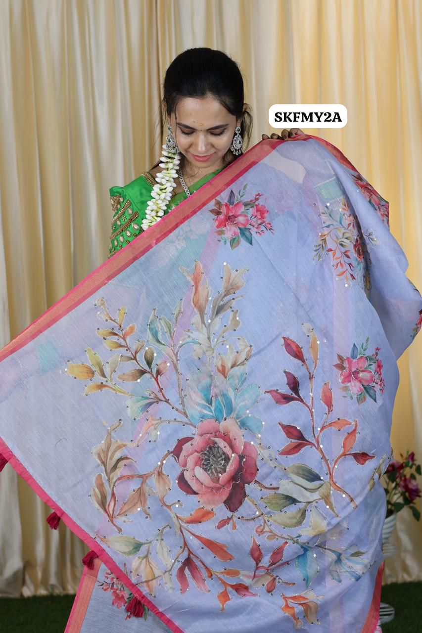 Malai cotton saree with zari Sequence work and fabulous printed blouse 🥳