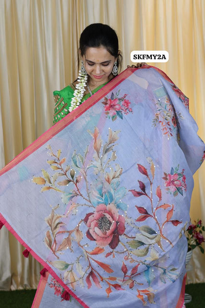 Malai cotton saree with zari Sequence work and fabulous printed blouse 🥳