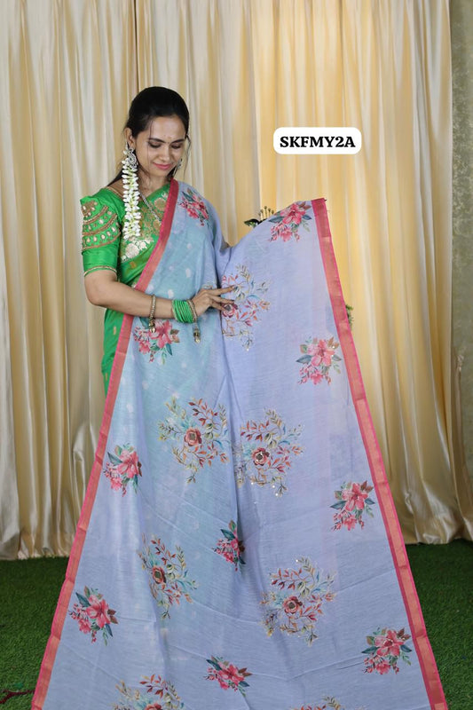 Malai cotton saree with zari Sequence work and fabulous printed blouse 🥳