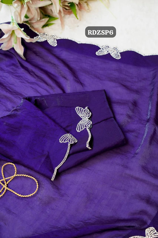 Premium quality Space silk fabric with real stone work butterfly done on border with running blouse🥳
