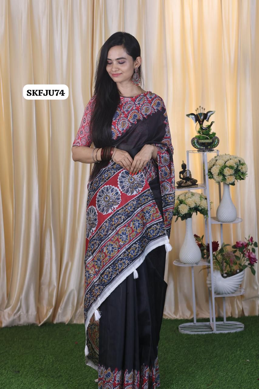 Soft Chanderi cotton With Digital Print & Running Kalamkari Blouse. 
Pallu Stiched With Fumka 🥳