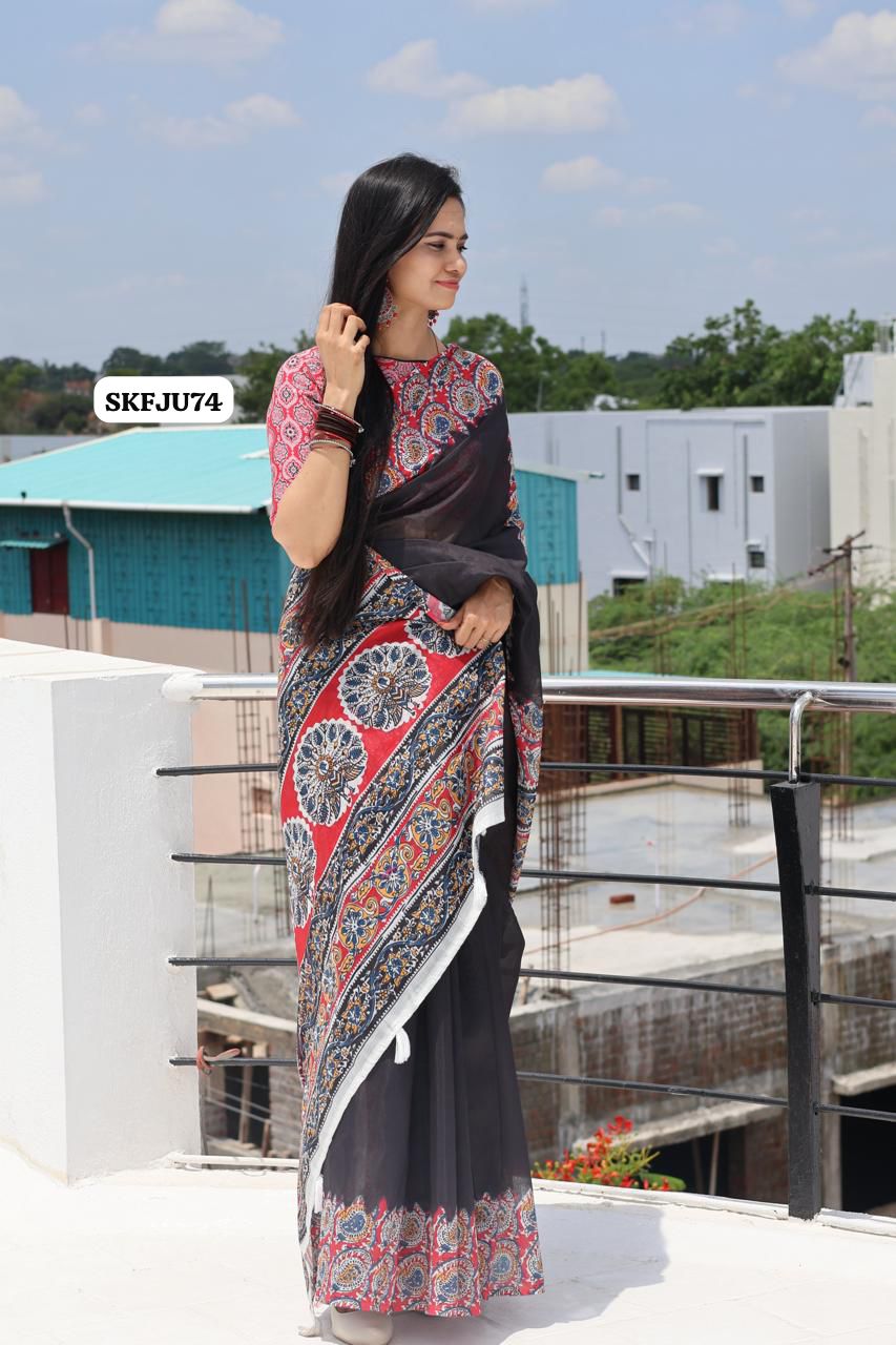 Soft Chanderi cotton With Digital Print & Running Kalamkari Blouse. 
Pallu Stiched With Fumka 🥳