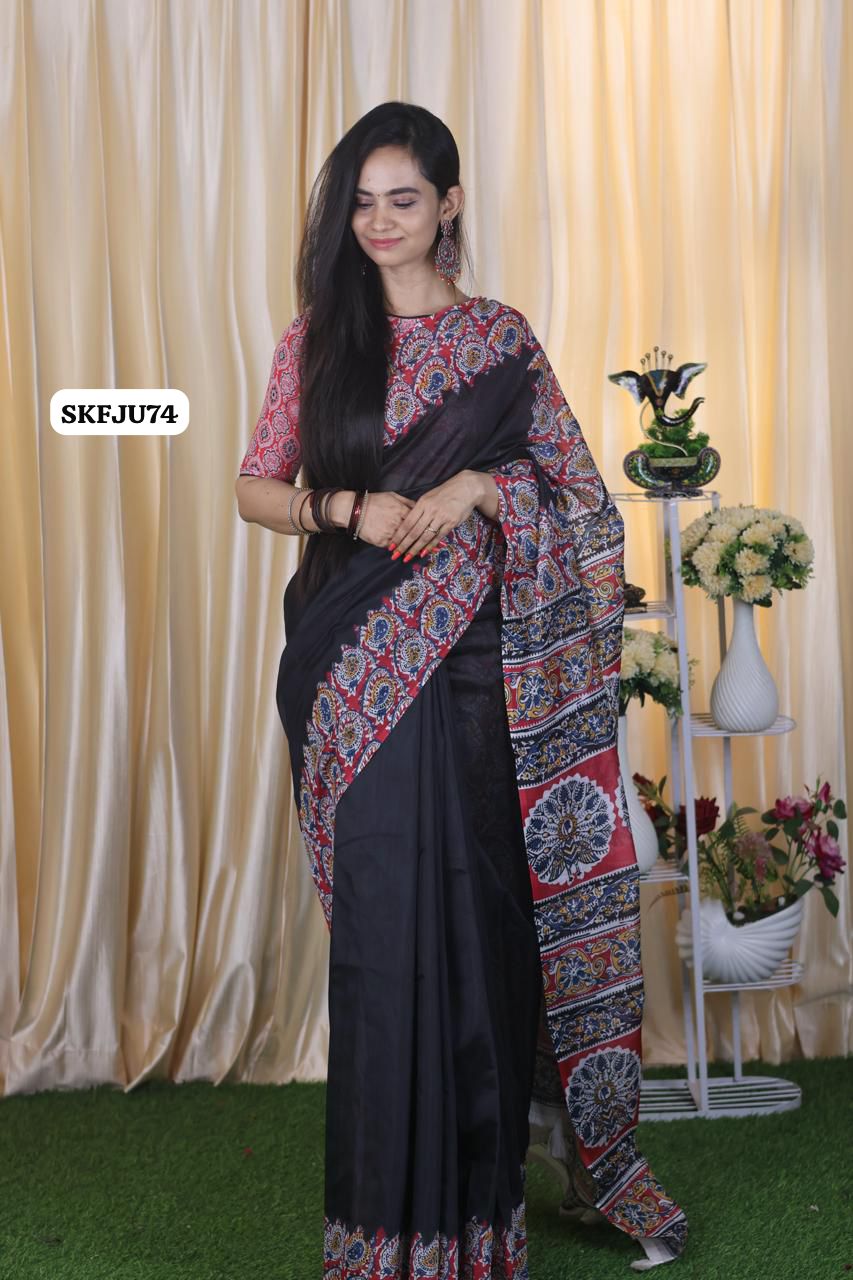 Soft Chanderi cotton With Digital Print & Running Kalamkari Blouse. 
Pallu Stiched With Fumka 🥳